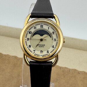 Vintage Lady's Pulsar Moon Phase Gold Tone Watch New Black Leather Strap